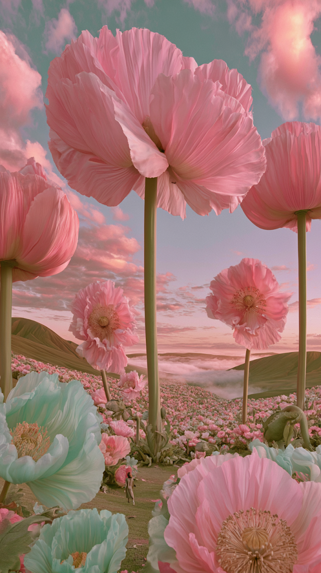 Surreal Valley of Giant Poppy Flowers at Sunrise