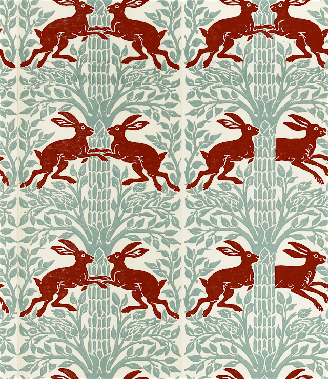 Symmetrical Block Print Design with Hares and Botanical Elements