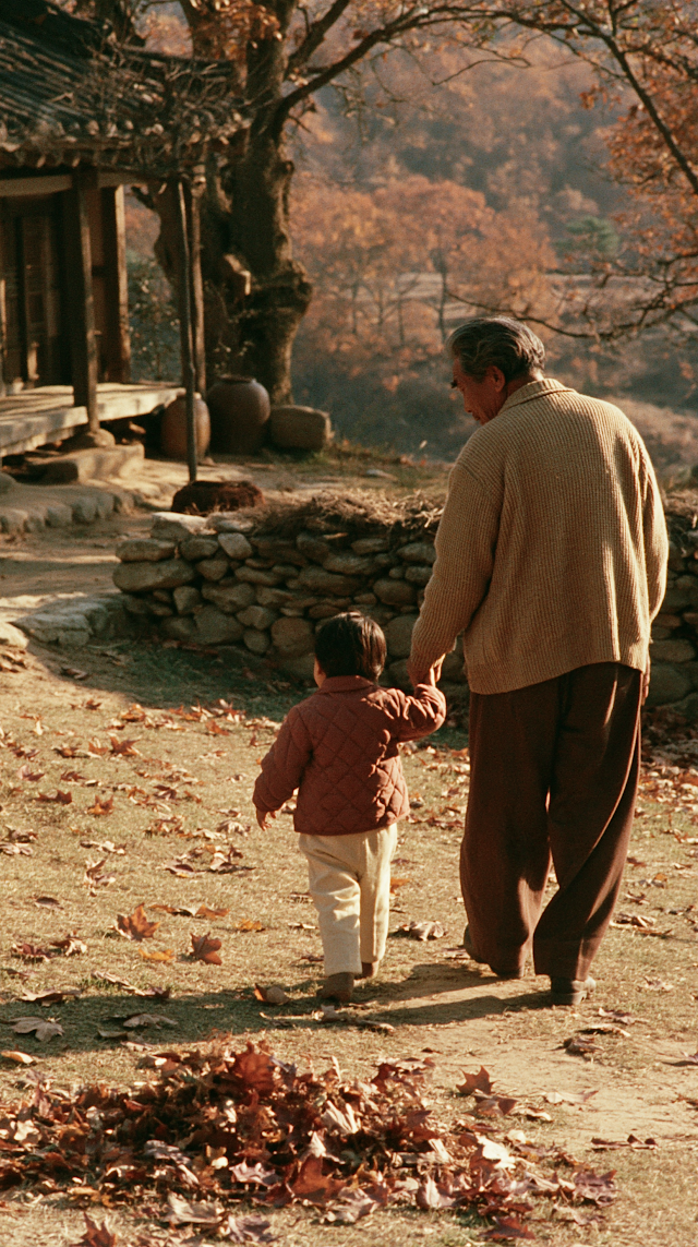 Tender Autumn Walk: Grandfather and Granddaughter in Korean Countryside