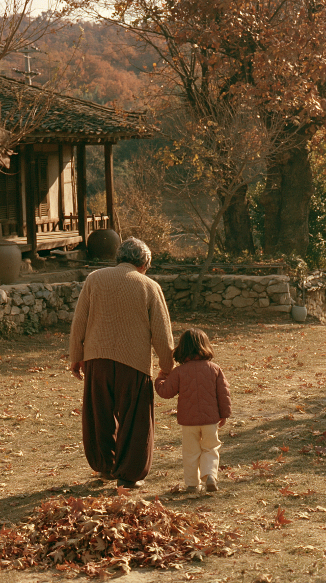 Tender Autumn Walk: Grandfather and Granddaughter in Traditional Korean Countryside