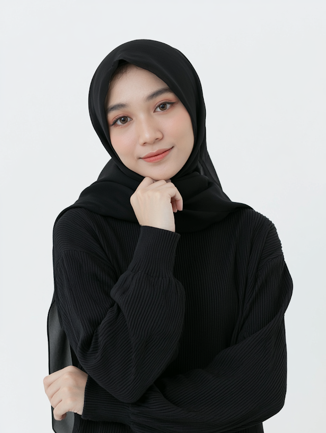 Thoughtful Southeast Asian Woman in Black Hijab