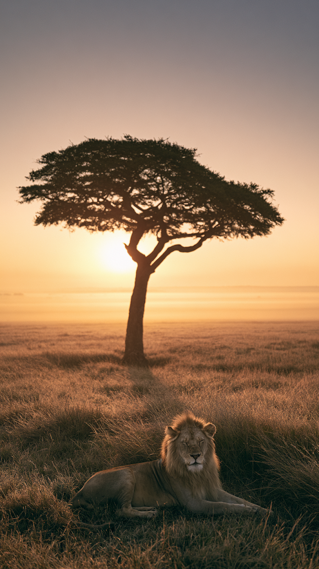 Tranquil African Safari Sunrise with Lion and Acacia Tree