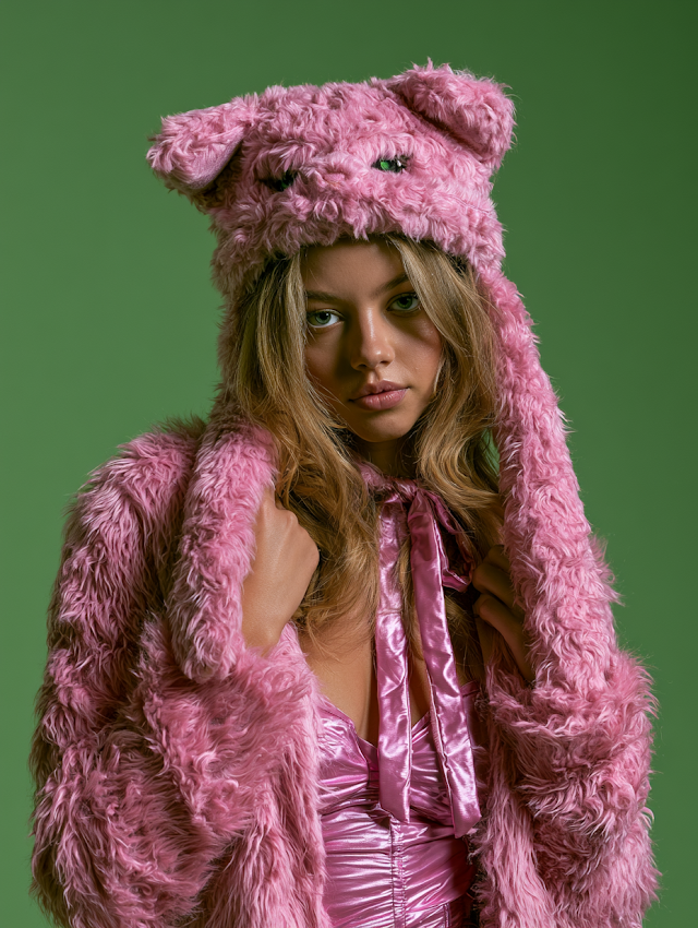 Trendy Woman in Pink Furry Hat and Outfit
