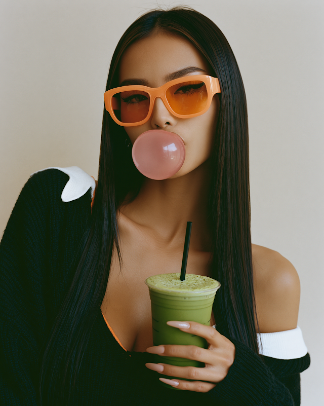 Trendy Young Woman in Futuristic Sunglasses with Matcha Latte