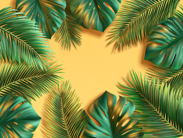 Tropical Botanical Flat Lay with Green Leaves on Yellow Background