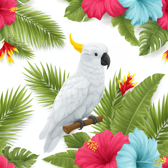 Tropical Botanical Illustration with White Cockatoo and Hibiscus Flowers