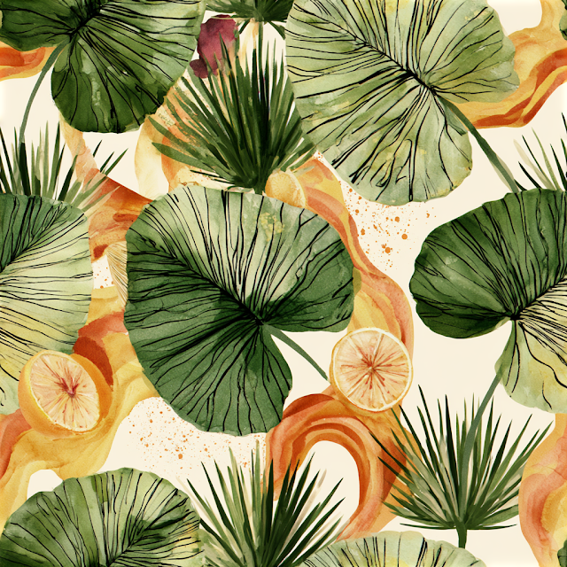 Tropical Botanical Pattern with Elephant Ear Leaves and Citrus Fruits