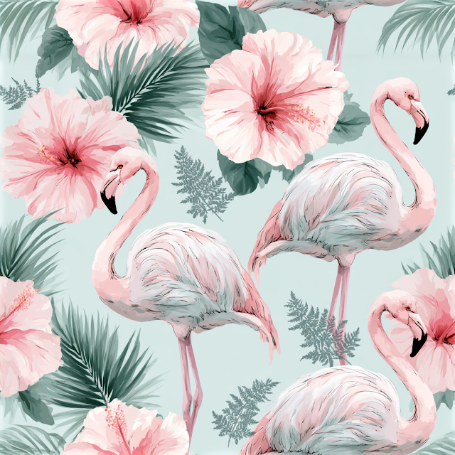 Tropical Botanical Pattern with Flamingos and Hibiscus