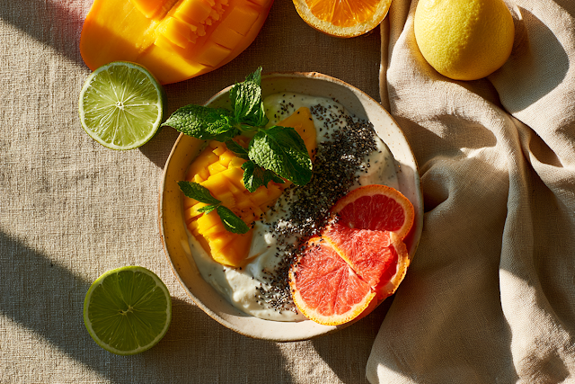 Tropical Breakfast Bowl with Fresh Fruits and Yogurt