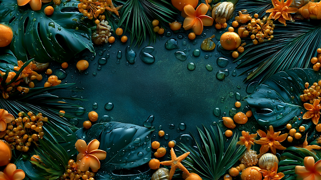 Tropical Flat Lay Still Life with Monstera and Plumeria