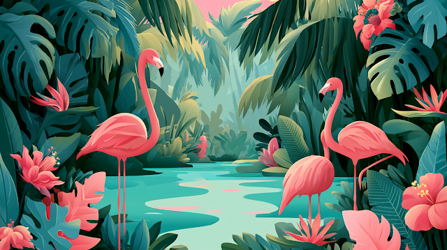Tropical Paradise with Flamingos