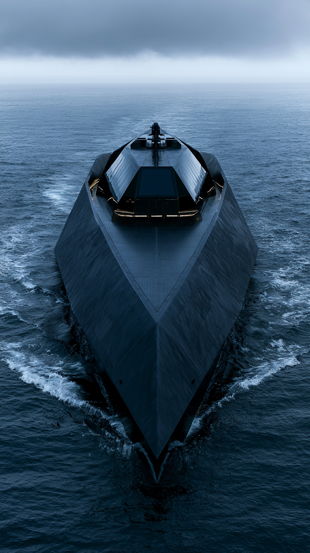 Ultra-Luxury Black Stealth Superyacht in Midnight Mediterranean