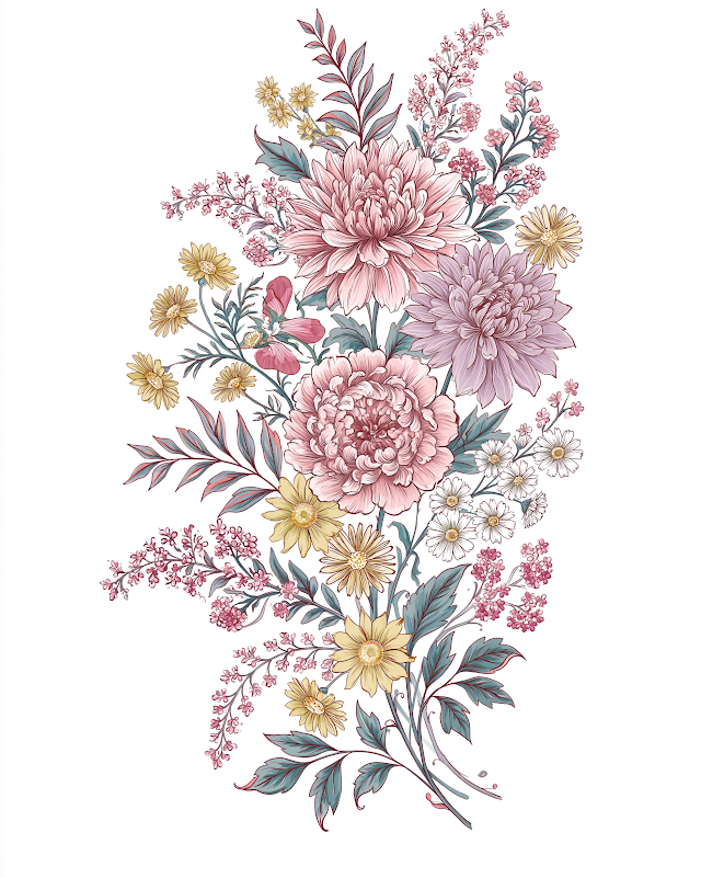 Vibrant Botanical Illustration of Peonies and Daisies