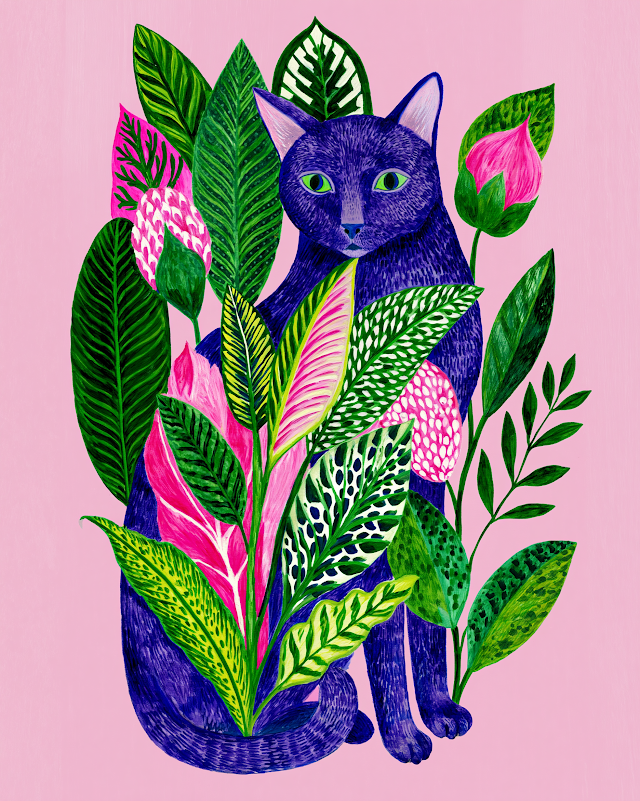 Vibrant Cat Among Tropical Leaves