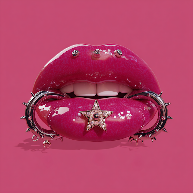 Vibrant Digital Art of Fashionable Lips with Unique Piercings