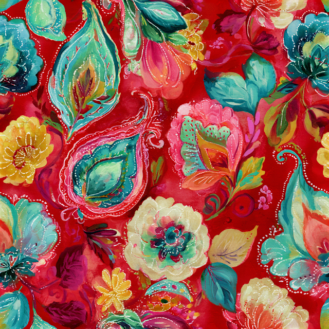 Vibrant Floral Textile Pattern on Crimson Background