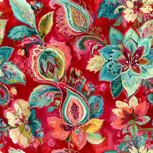 Vibrant Floral Textile Pattern on Crimson Background