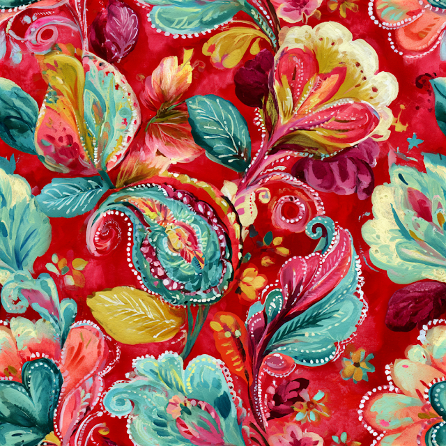Vibrant Floral Textile Pattern on Crimson Red