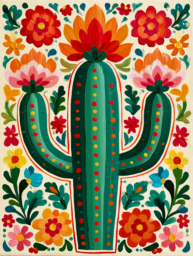 Vibrant Folk Art Cactus Painting