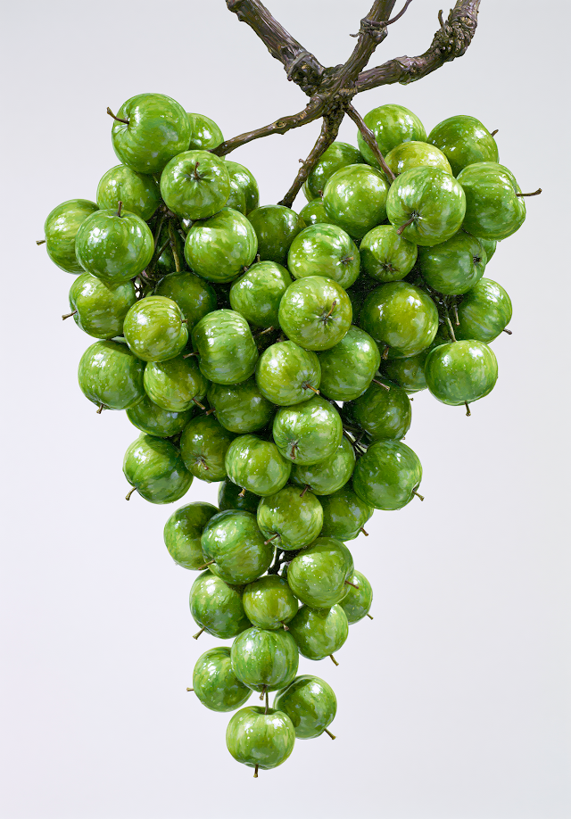Vibrant Green Apple Cluster Hanging from Gnarled Vine
