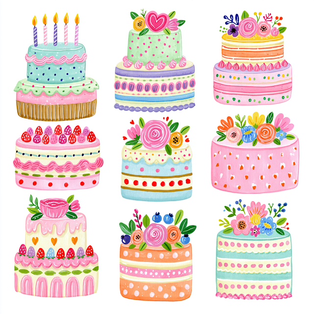 Vibrant Hand-Drawn Birthday Cake Clipart