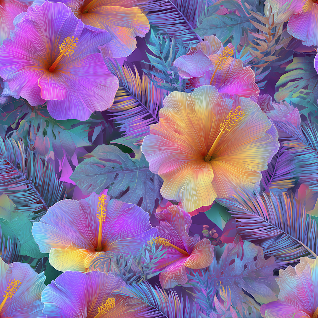 Vibrant Hibiscus and Palm Leaves Seamless Pattern
