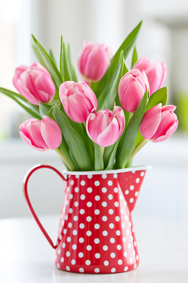 Vibrant Pink Tulips in a Retro Red Polka Dot Pitcher