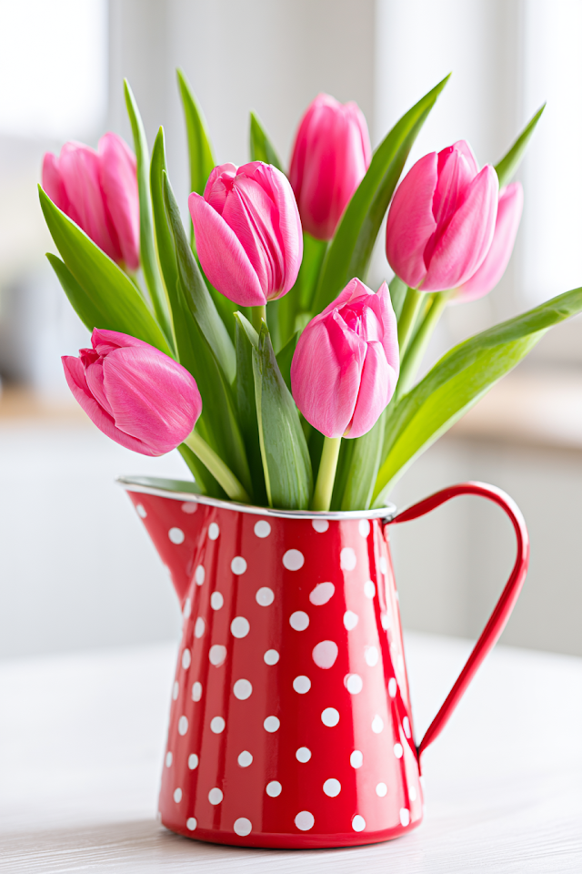 Vibrant Pink Tulips in Retro Red Polka Dot Pitcher