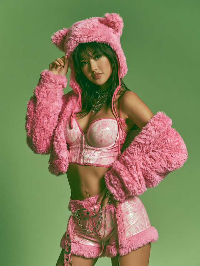 Vibrant Portrait of a Woman in Pink Furry Ensemble