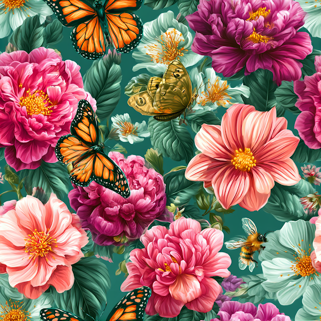 Vibrant Spring Garden Pattern with Butterflies and Bees