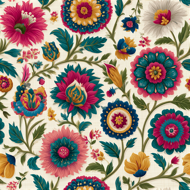 Vibrant Suzani Floral Pattern on Ivory Background