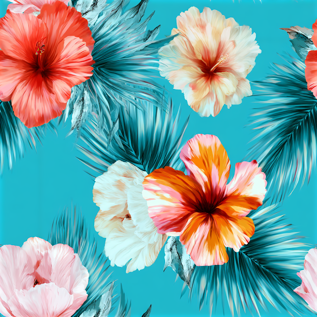 Vibrant Tropical Floral Pattern with Hibiscus and Palms