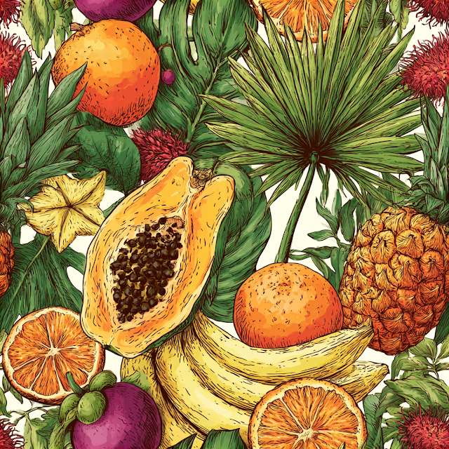 Vibrant Tropical Fruit and Foliage Pattern