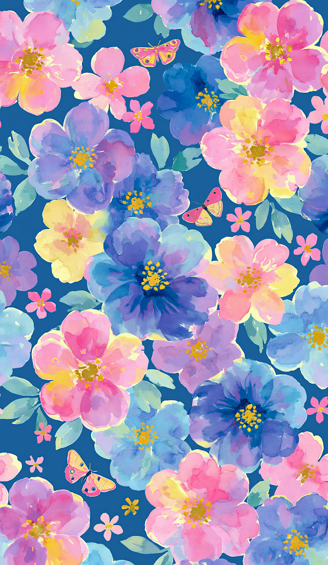 Vibrant Watercolor Floral Pattern with Butterflies