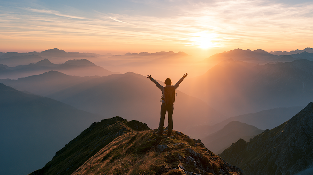Victorious Hiker at Sunrise on Mountain Ridge