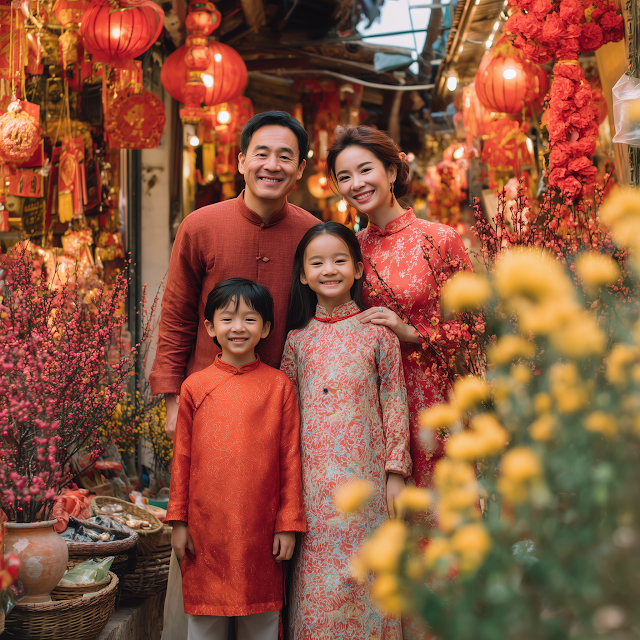 Vietnamese Family Celebrating Lunar New Year at Tet Market