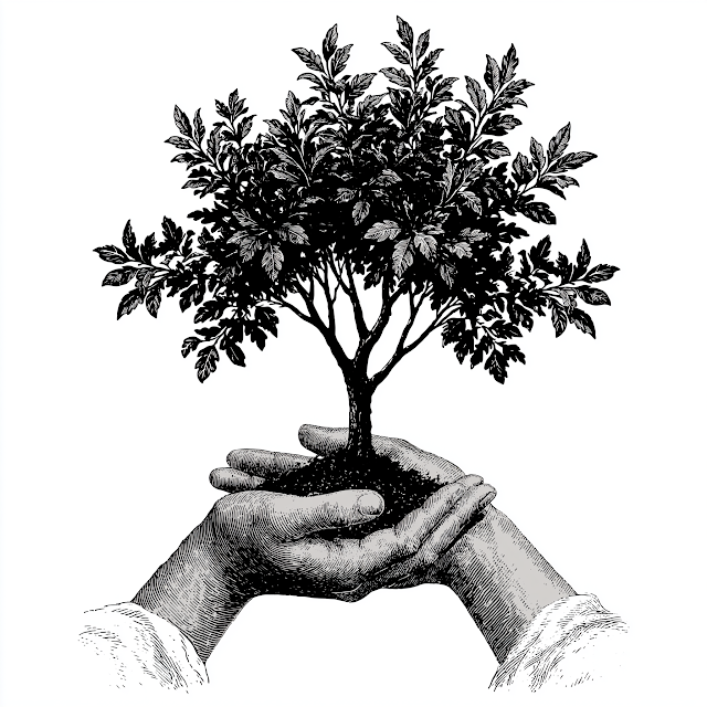 Vintage Icon of Hands Holding a Tree