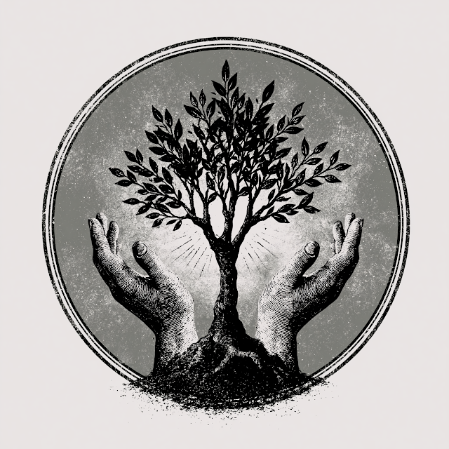Vintage Icon of Hands Holding a Tree