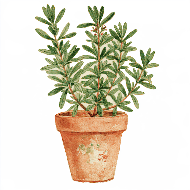Vintage Watercolor Illustration of Rosemary in Terracotta Pot