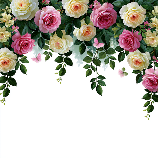 Watercolor Floral Border with Roses and Butterflies