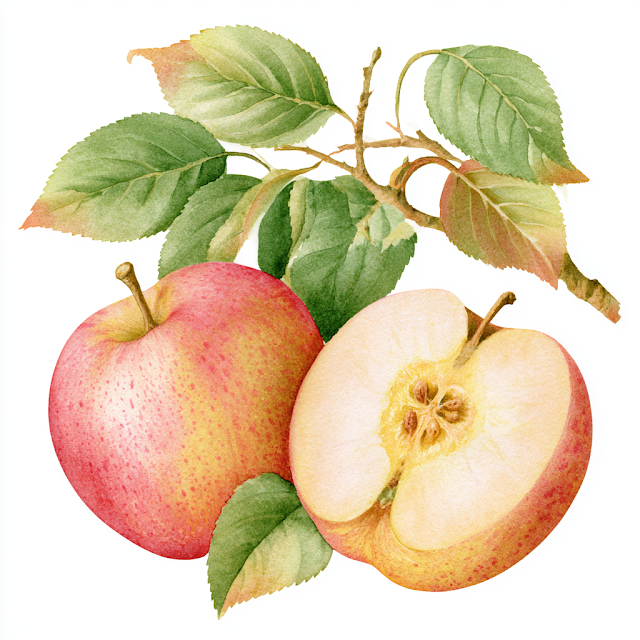 Watercolor Illustration of an Apple Cut in Half