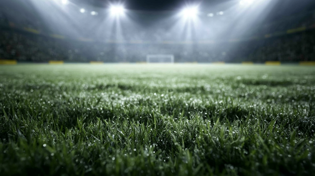 Wet Grass on Soccer Field Under Floodlights