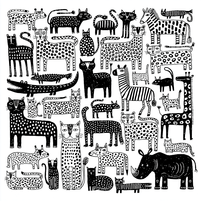Whimsical Black and White Child's Drawing of African Animals