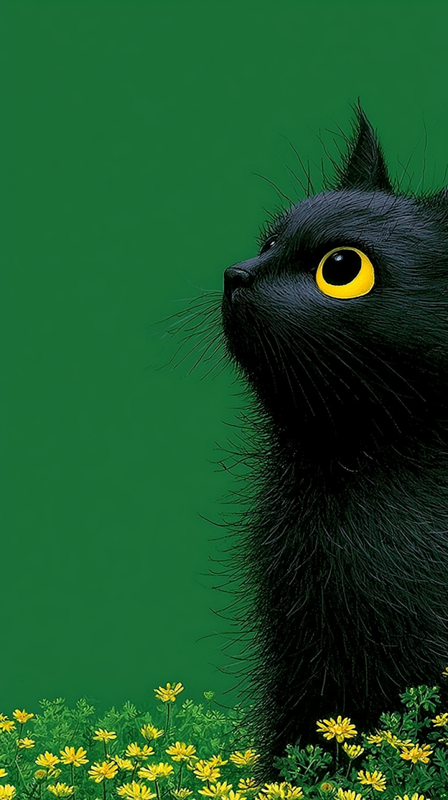 Whimsical Black Cat in Wildflower Meadow