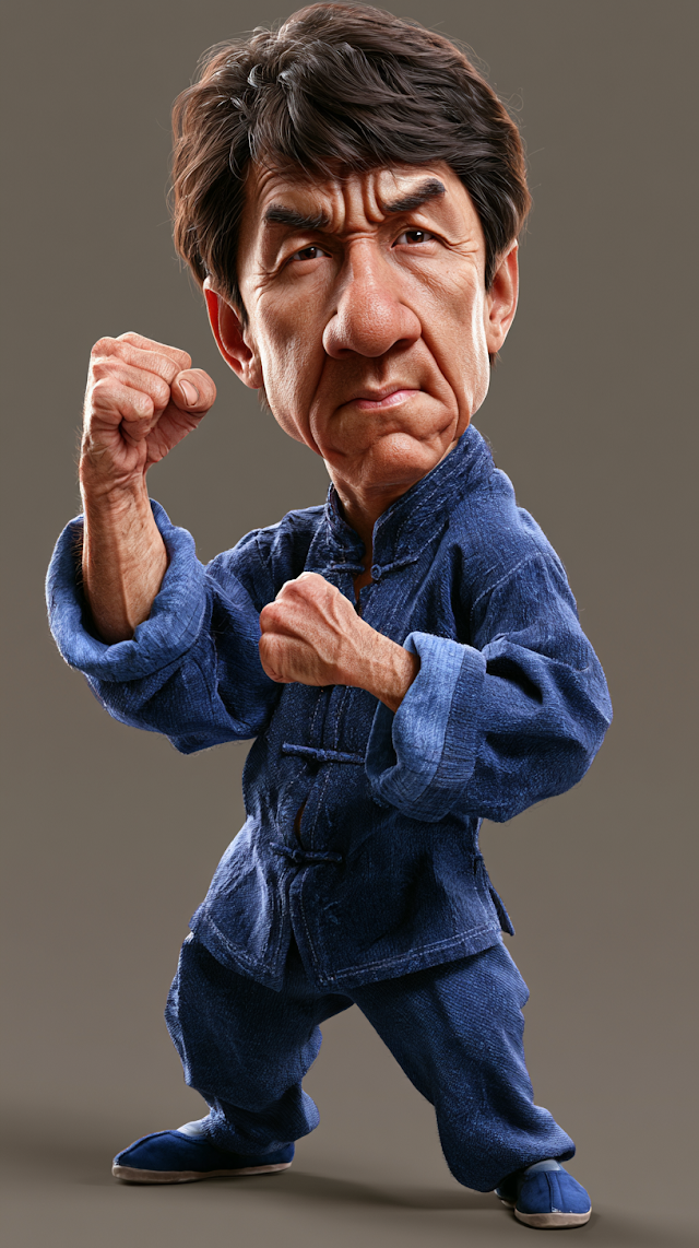 Whimsical Caricature of Jackie Chan in Kung Fu Attire