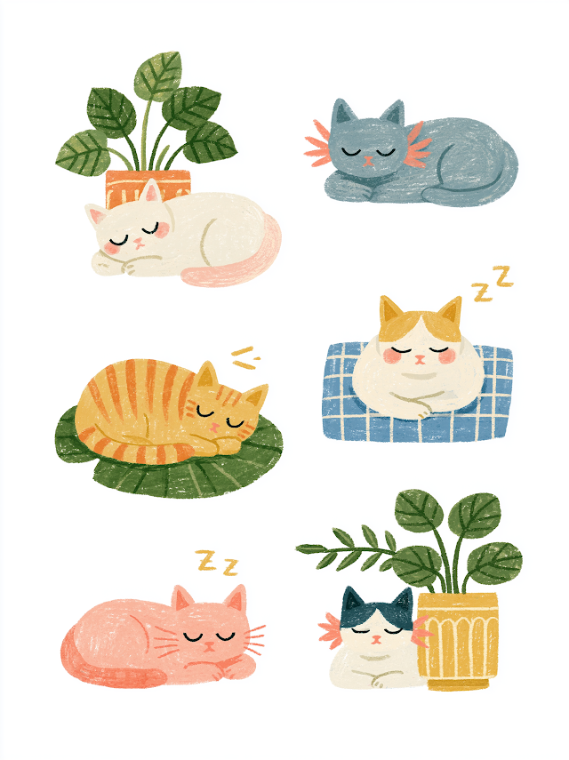 Whimsical Cats Sleeping in Cozy Positions