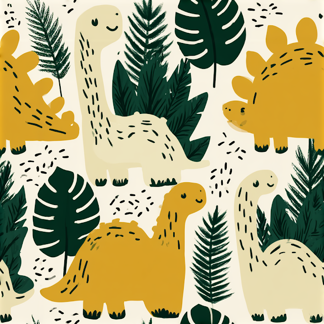 Whimsical Dino Pattern with Tropical Leaves