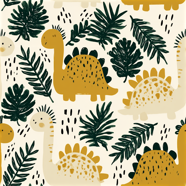 Whimsical Dinosaur Pattern with Tropical Leaves