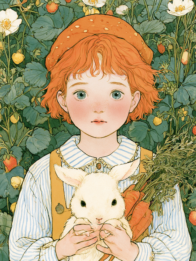 Whimsical Girl with Rabbit and Carrots in a Lush Garden
