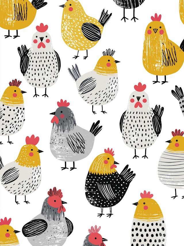 Whimsical Hand-Drawn Chickens Illustration